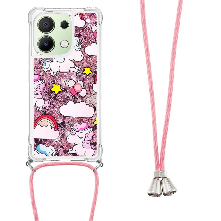 For Xiaomi Redmi Note 13 4G TPU Case with Lanyard Quicksand Pattern Print Phone Cover - Cute Horse and Clouds