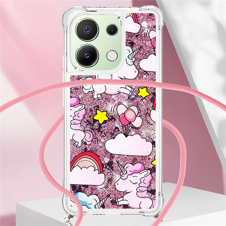 For Xiaomi Redmi Note 13 4G TPU Case with Lanyard Quicksand Pattern Print Phone Cover - Cute Horse and Clouds