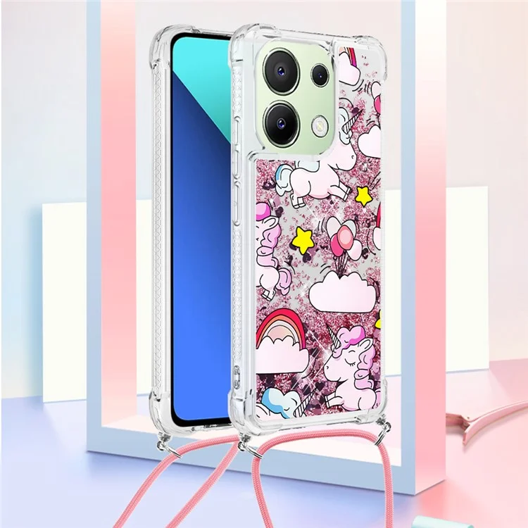For Xiaomi Redmi Note 13 4G TPU Case with Lanyard Quicksand Pattern Print Phone Cover - Cute Horse and Clouds