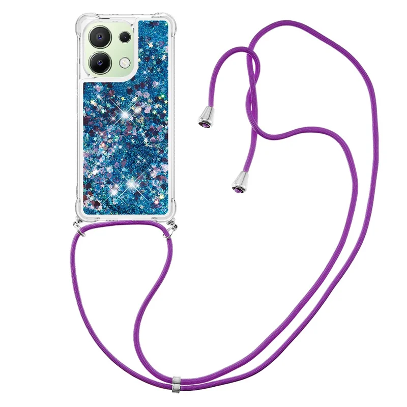 For Xiaomi Redmi Note 13 4G TPU Case Quicksand Design Phone Cover with Lanyard - Blue / Hearts