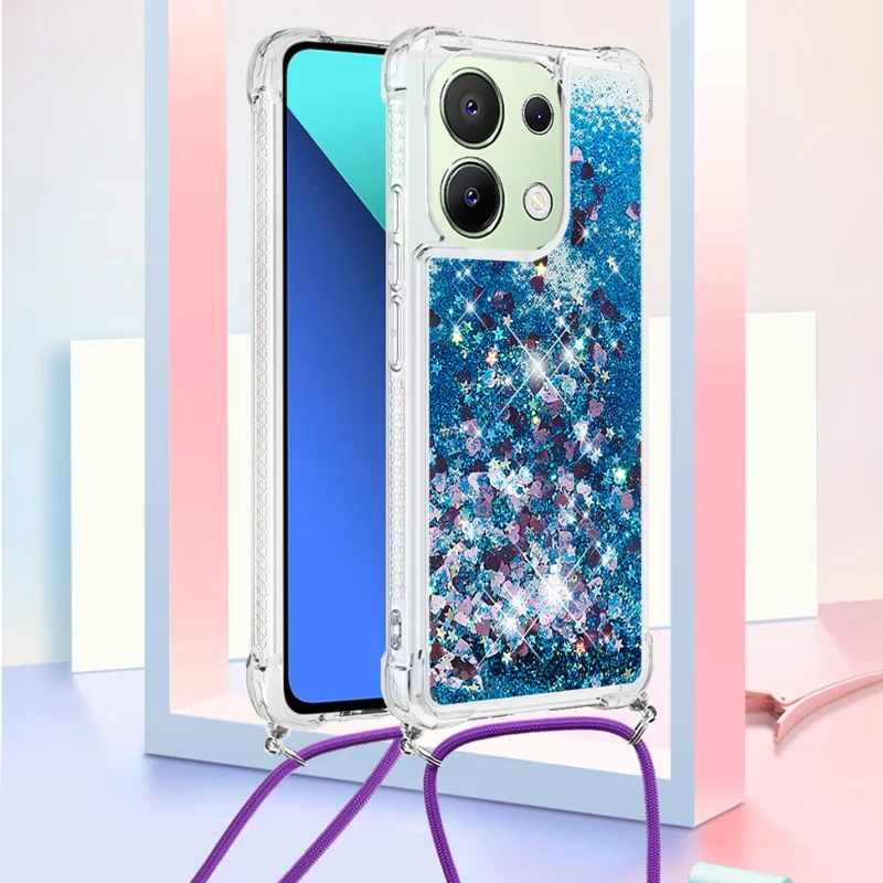 For Xiaomi Redmi Note 13 4G TPU Case Quicksand Design Phone Cover with Lanyard - Blue / Hearts