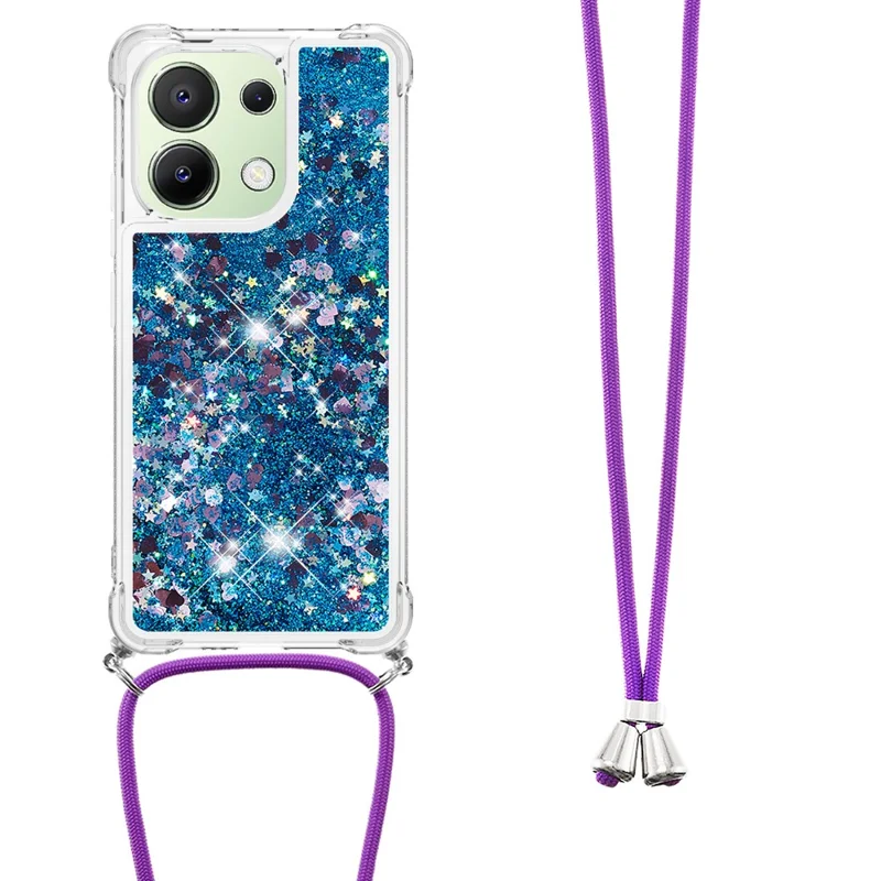 For Xiaomi Redmi Note 13 4G TPU Case Quicksand Design Phone Cover with Lanyard - Blue / Hearts