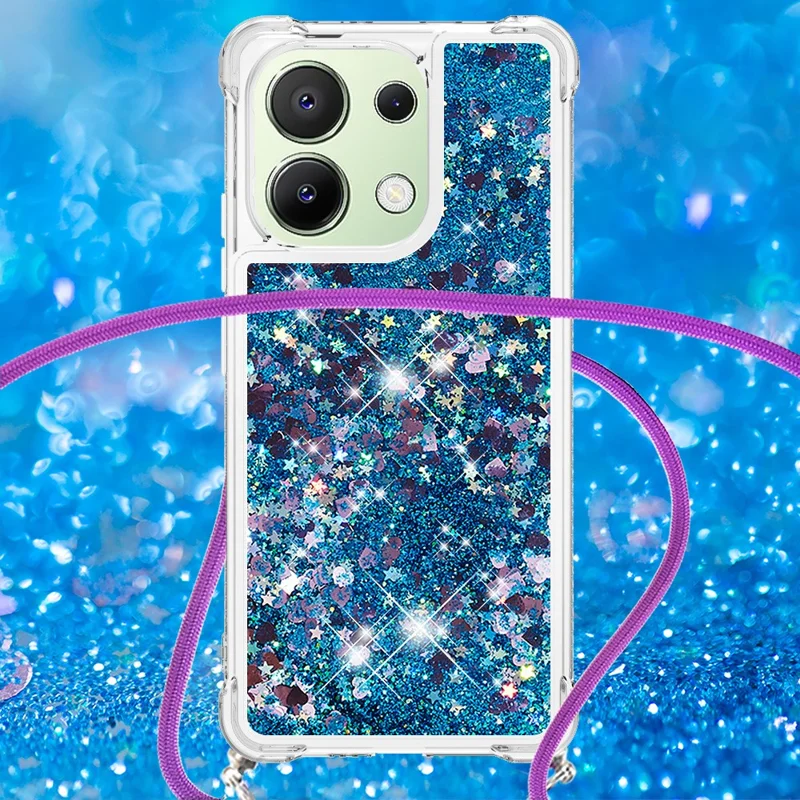 For Xiaomi Redmi Note 13 4G TPU Case Quicksand Design Phone Cover with Lanyard - Blue / Hearts