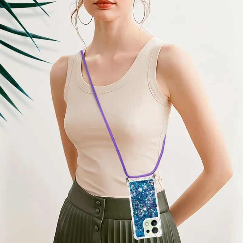 For Xiaomi Redmi Note 13 4G TPU Case Quicksand Design Phone Cover with Lanyard - Blue / Hearts