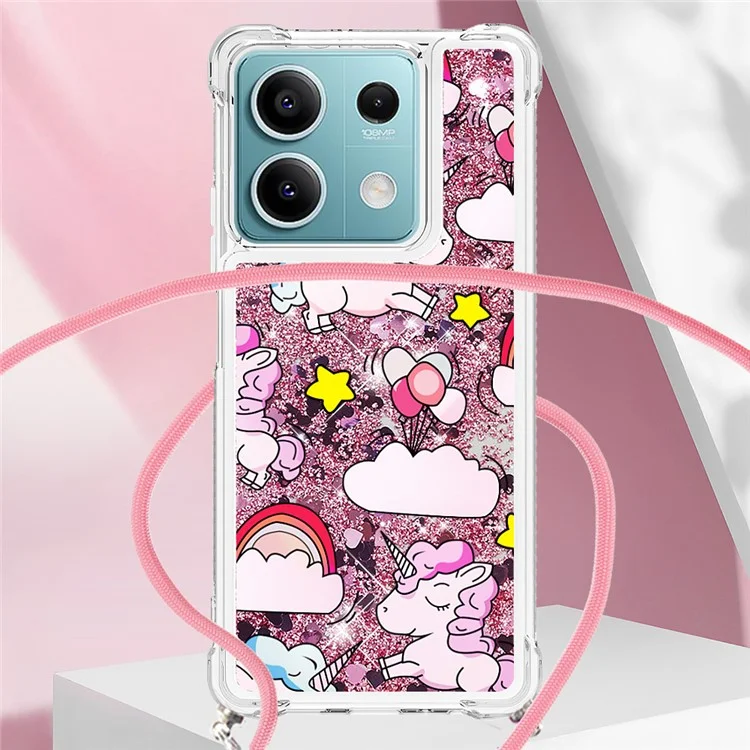 For Xiaomi Redmi Note 13 5G TPU Case with Lanyard Quicksand Pattern Print Phone Cover - Cute Horse and Clouds