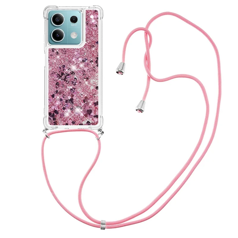 For Xiaomi Redmi Note 13 5G TPU Case Quicksand Design Phone Cover with Lanyard - Rose Gold / Hearts