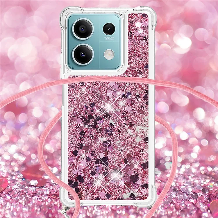 For Xiaomi Redmi Note 13 5G TPU Case Quicksand Design Phone Cover with Lanyard - Rose Gold / Hearts