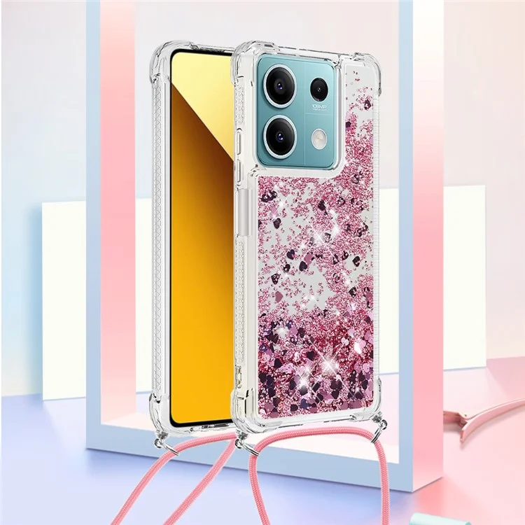 For Xiaomi Redmi Note 13 5G TPU Case Quicksand Design Phone Cover with Lanyard - Rose Gold / Hearts