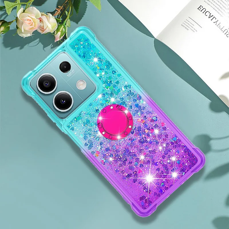 For Xiaomi Redmi Note 13 5G TPU Case with Kickstand Gradiant Quicksand Shockproof Cover - Sky Blue+Purple
