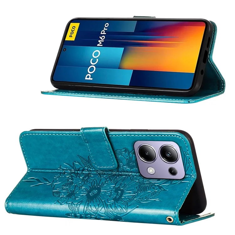 YB Imprinting Series-4 Para Xiaomi Redmi Note 13 Pro 4G / Poco M6 Pro 4G Capa Carteira de Couro com Borboleta - Azul