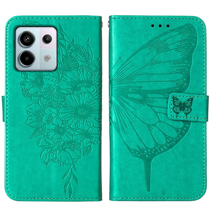 For Xiaomi Redmi Note 13 Pro 5G / Poco X6 5G Wallet Case with Wrist Strap Butterfly Imprint Leather Phone Cover - Green