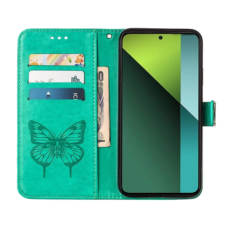 For Xiaomi Redmi Note 13 Pro 5G / Poco X6 5G Wallet Case with Wrist Strap Butterfly Imprint Leather Phone Cover - Green