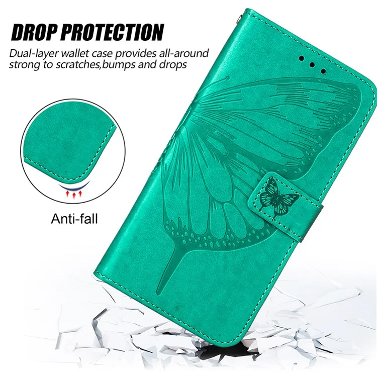 For Xiaomi Redmi Note 13 Pro 5G / Poco X6 5G Wallet Case with Wrist Strap Butterfly Imprint Leather Phone Cover - Green