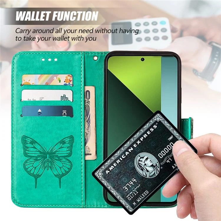 For Xiaomi Redmi Note 13 Pro 5G / Poco X6 5G Wallet Case with Wrist Strap Butterfly Imprint Leather Phone Cover - Green
