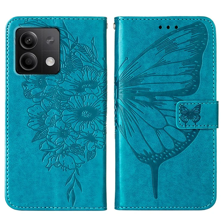 YB Imprinting Series-4 Per Xiaomi Redmi Note 13 5G Custodia Farfalla Fiore Pelle PU Flip Cover per Telefono - Blu