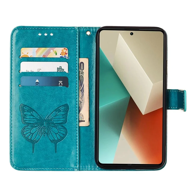 YB Imprinting Series-4 Per Xiaomi Redmi Note 13 5G Custodia Farfalla Fiore Pelle PU Flip Cover per Telefono - Blu