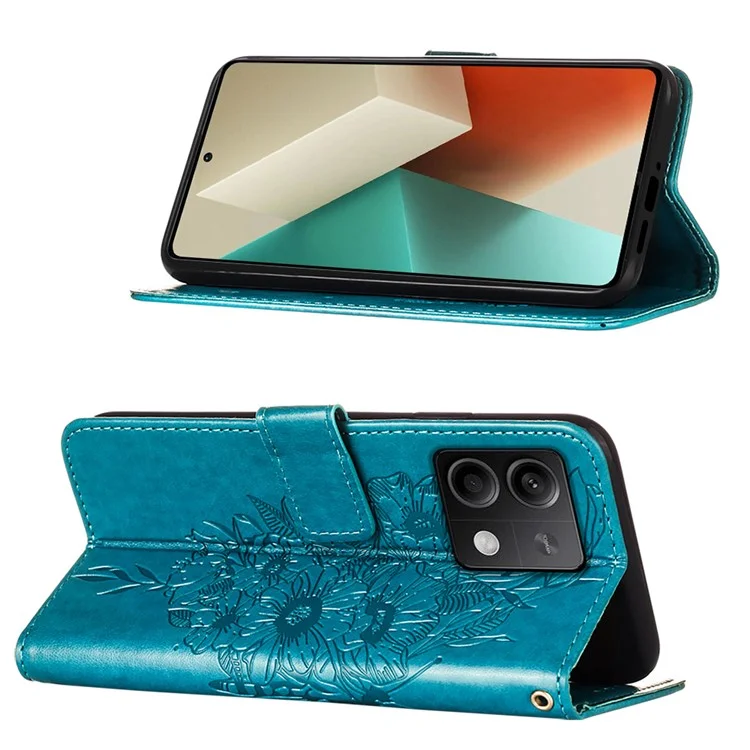 YB Imprinting Series-4 Per Xiaomi Redmi Note 13 5G Custodia Farfalla Fiore Pelle PU Flip Cover per Telefono - Blu