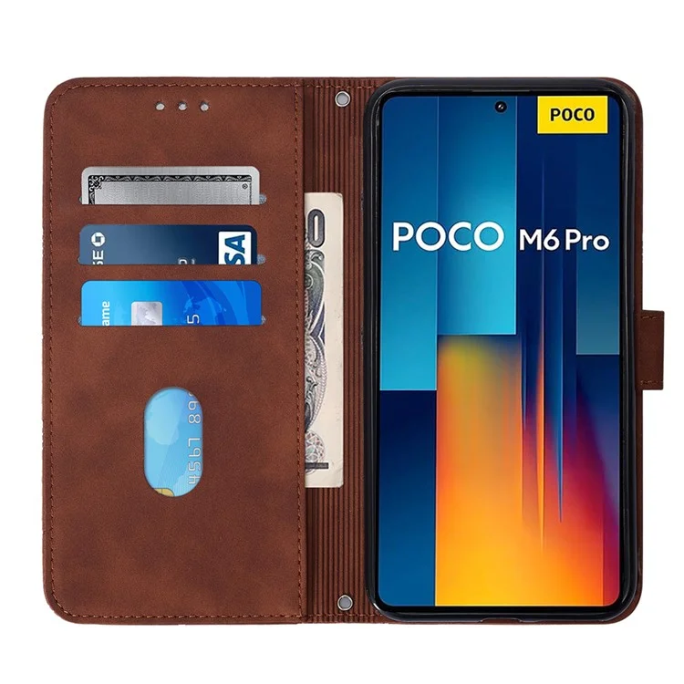 Série de Impressão YB-1 para Xiaomi Redmi Note 13 Pro 4G / Poco M6 Pro 4G Capa com Alça de Couro PU Stand Phone Cover - Marrom