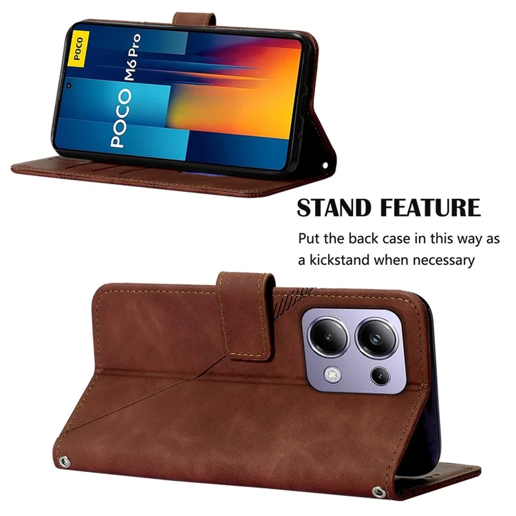 Série de Impressão YB-1 para Xiaomi Redmi Note 13 Pro 4G / Poco M6 Pro 4G Capa com Alça de Couro PU Stand Phone Cover - Marrom