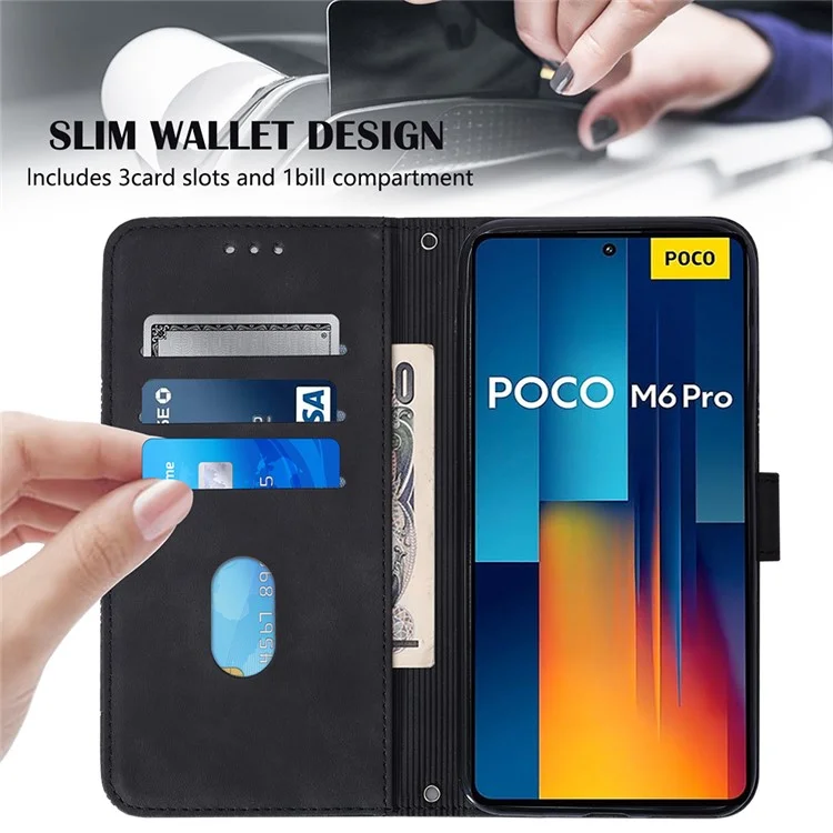 Série de Impressão YB-1 para Xiaomi Redmi Note 13 Pro 4G / Poco M6 Pro 4G Capa com Alça de Couro PU Stand Phone Cover - Marrom