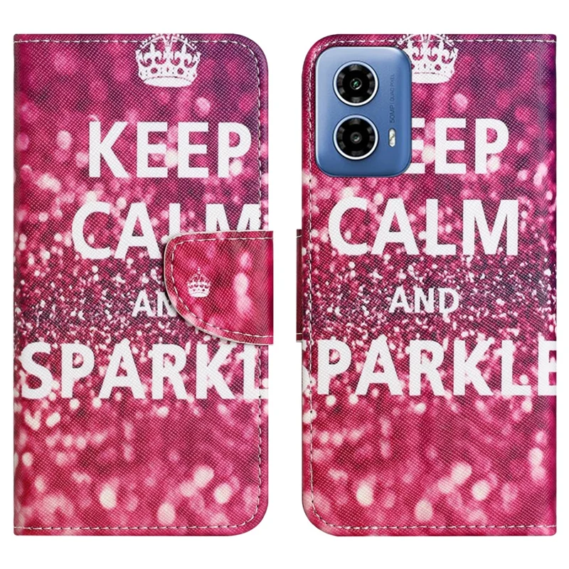 For Motorola Moto G24 Power PU Leather Wallet Cross Texture Stand Case Pattern Printing Phone Cover - Keep Calm and Sparkle