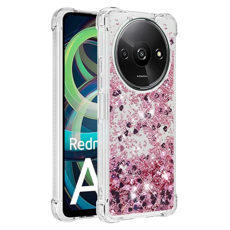 YB Quicksand Series-1 Für Xiaomi Redmi A3 4G / Poco C61 4G Hülle Glitzer-Flüssigkeit TPU Stoßfest Handyhülle - Roségold / Herzen