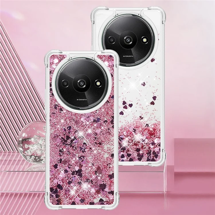 YB Quicksand Series-1 Für Xiaomi Redmi A3 4G / Poco C61 4G Hülle Glitzer-Flüssigkeit TPU Stoßfest Handyhülle - Roségold / Herzen