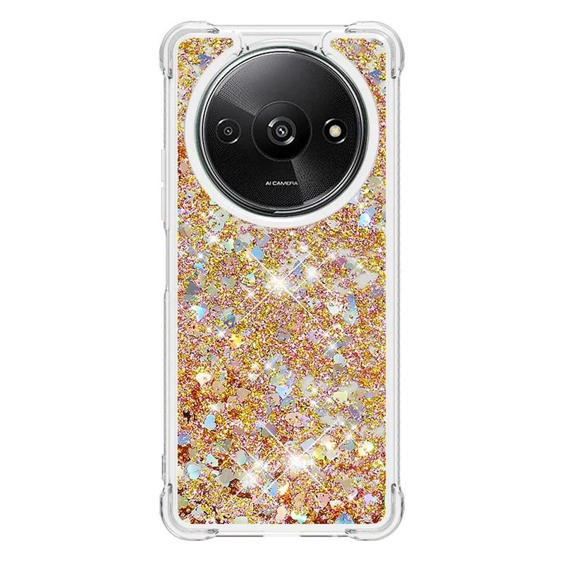 For Xiaomi Redmi A3 4G / Poco C61 4G TPU Case Glitter Quicksand Shockproof Phone Back Cover - Gold / Hearts