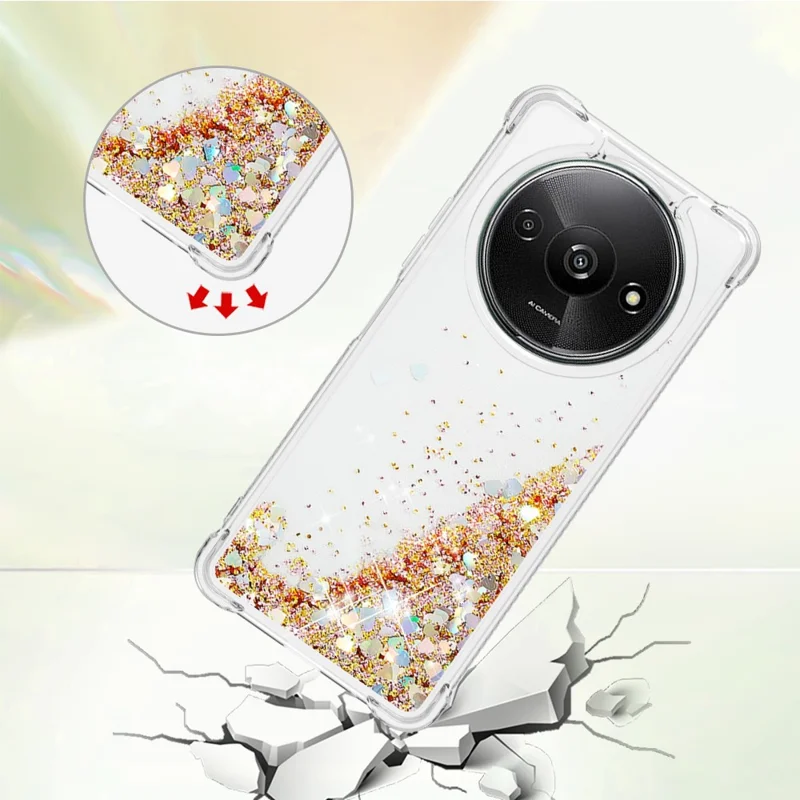 For Xiaomi Redmi A3 4G / Poco C61 4G TPU Case Glitter Quicksand Shockproof Phone Back Cover - Gold / Hearts