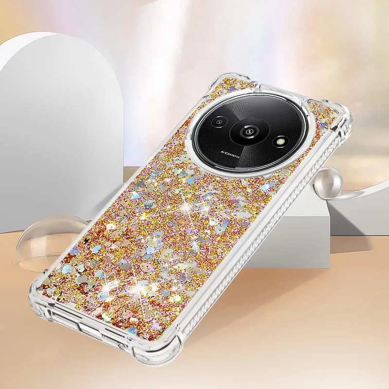 For Xiaomi Redmi A3 4G / Poco C61 4G TPU Case Glitter Quicksand Shockproof Phone Back Cover - Gold / Hearts