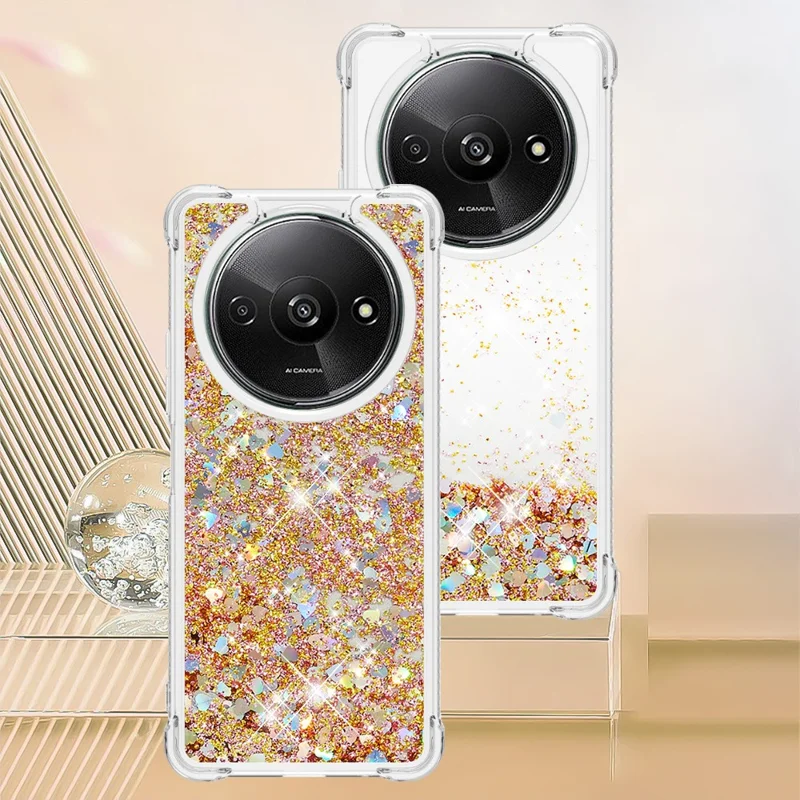 For Xiaomi Redmi A3 4G / Poco C61 4G TPU Case Glitter Quicksand Shockproof Phone Back Cover - Gold / Hearts