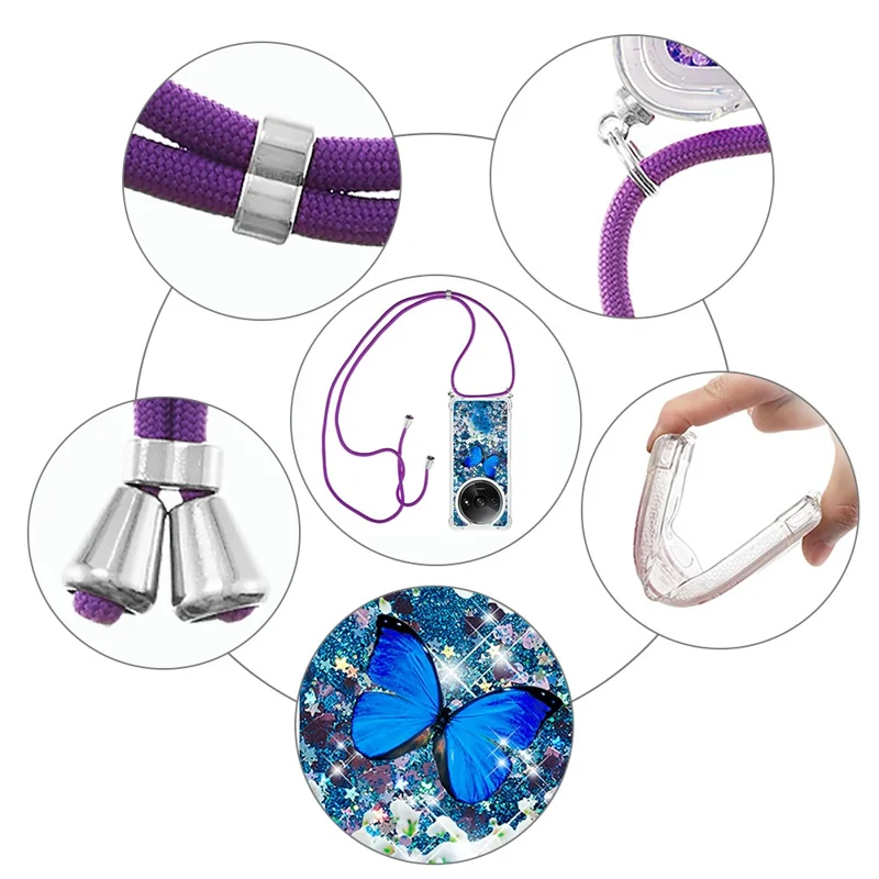 For Xiaomi Redmi A3 4G / Poco C61 4G TPU Case with Lanyard Quicksand Pattern Print Phone Cover - Blue Butterfly