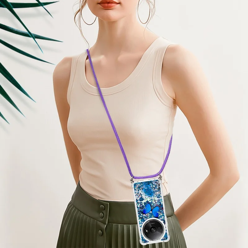 For Xiaomi Redmi A3 4G / Poco C61 4G TPU Case with Lanyard Quicksand Pattern Print Phone Cover - Blue Butterfly
