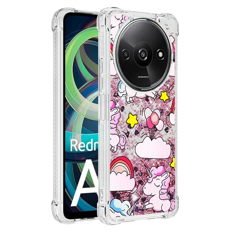 YB Quicksand Series-2 Für Xiaomi Redmi A3 4G / Poco C61 4G Hülle Glitzer Bling Fließende TPU-Muster Handyhülle - Niedliches Pferd und Wolken