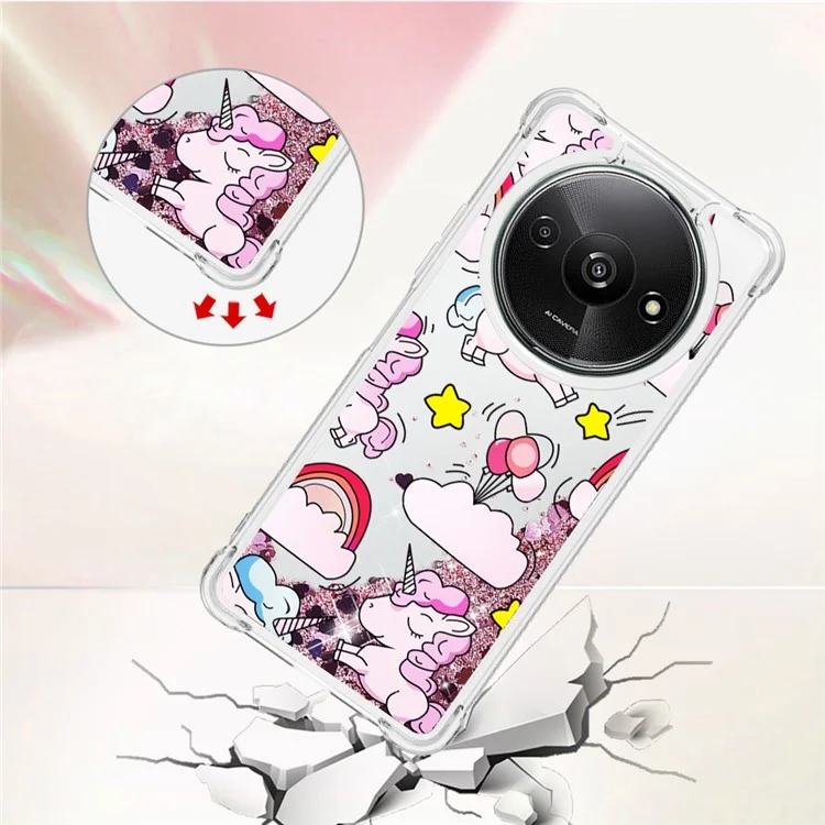YB Quicksand Series-2 Für Xiaomi Redmi A3 4G / Poco C61 4G Hülle Glitzer Bling Fließende TPU-Muster Handyhülle - Niedliches Pferd und Wolken