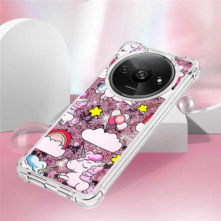 YB Quicksand Series-2 Für Xiaomi Redmi A3 4G / Poco C61 4G Hülle Glitzer Bling Fließende TPU-Muster Handyhülle - Niedliches Pferd und Wolken