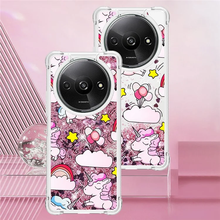 YB Quicksand Series-2 Für Xiaomi Redmi A3 4G / Poco C61 4G Hülle Glitzer Bling Fließende TPU-Muster Handyhülle - Niedliches Pferd und Wolken