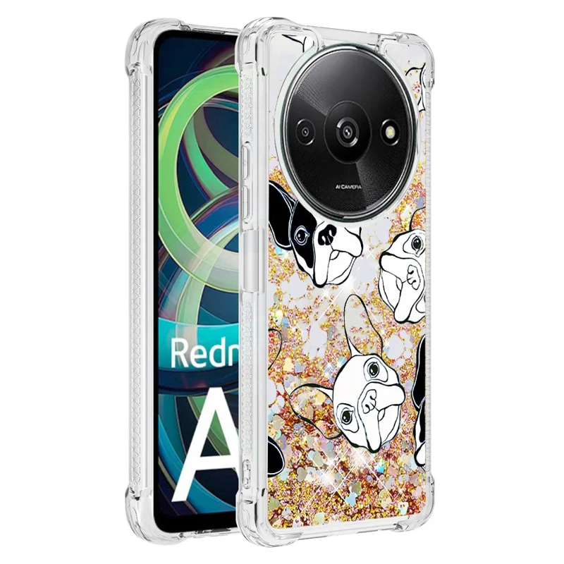 For Xiaomi Redmi A3 4G / Poco C61 4G TPU Case with Quicksand and Pattern Printed - Black+White Puppy