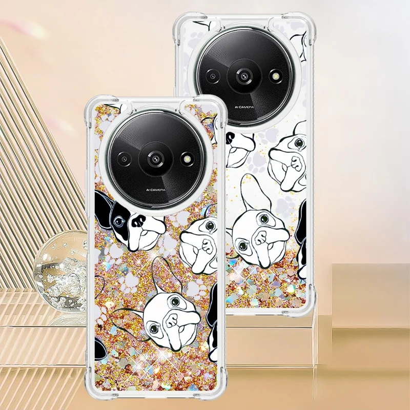 For Xiaomi Redmi A3 4G / Poco C61 4G TPU Case with Quicksand and Pattern Printed - Black+White Puppy