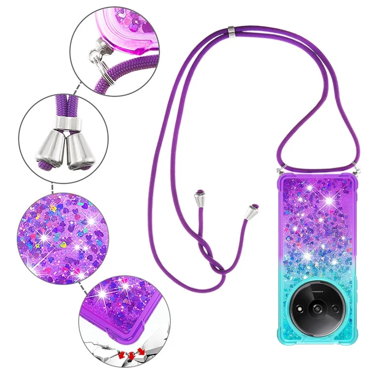 YB Quicksand Series-6 für Xiaomi Redmi A3 4G / Poco C61 4G Hülle Glitter TPU Pailletten Handyhülle mit Schlüsselband - Himmelblau + Lila