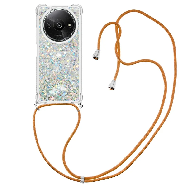 For Xiaomi Redmi A3 / Poco C61 4G TPU Case Quicksand Design Phone Cover with Lanyard - Silver / Hearts