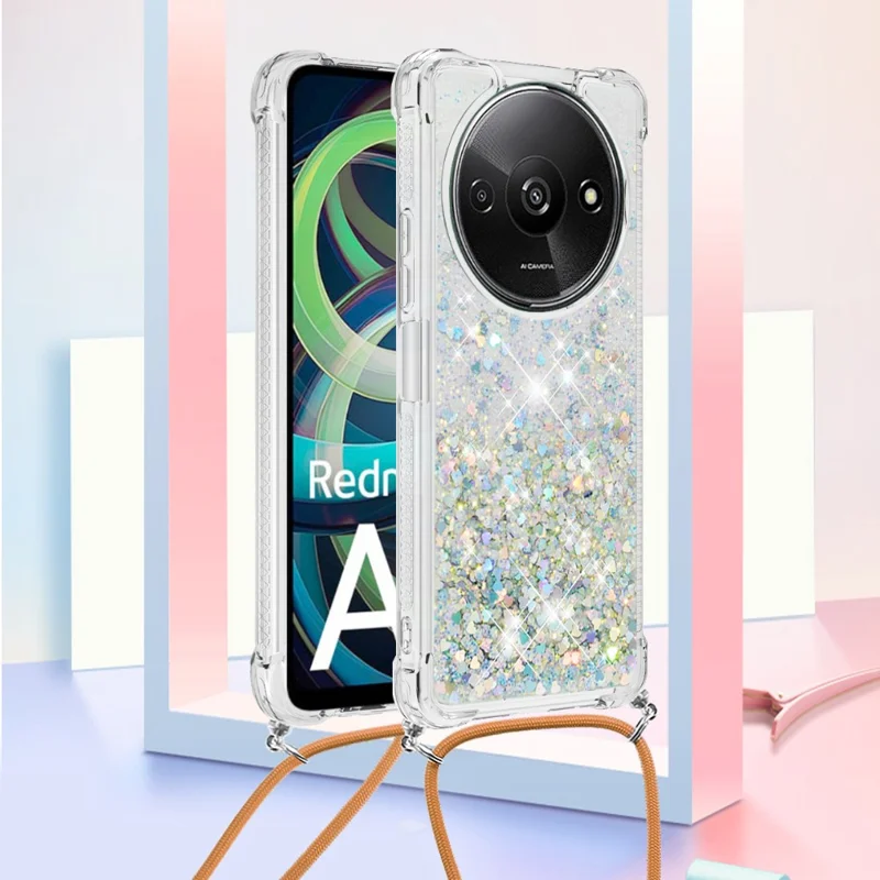 For Xiaomi Redmi A3 / Poco C61 4G TPU Case Quicksand Design Phone Cover with Lanyard - Silver / Hearts