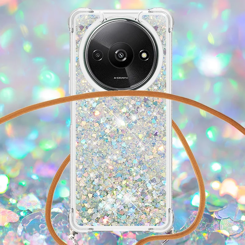 For Xiaomi Redmi A3 / Poco C61 4G TPU Case Quicksand Design Phone Cover with Lanyard - Silver / Hearts
