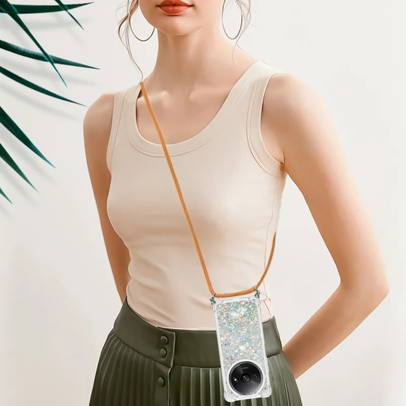 For Xiaomi Redmi A3 / Poco C61 4G TPU Case Quicksand Design Phone Cover with Lanyard - Silver / Hearts