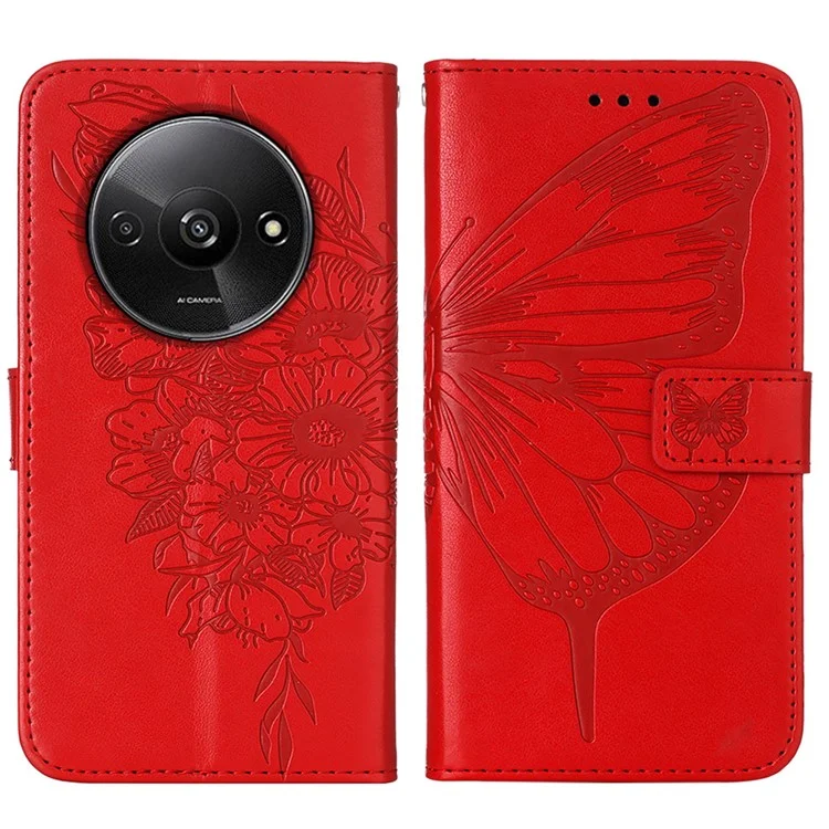 For Xiaomi Redmi A3 4G / Poco C61 4G Wallet Case with Wrist Strap Butterfly Imprint Leather Phone Cover - Red