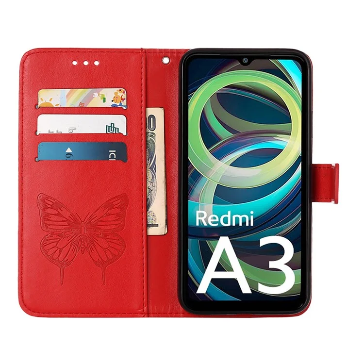 For Xiaomi Redmi A3 4G / Poco C61 4G Wallet Case with Wrist Strap Butterfly Imprint Leather Phone Cover - Red