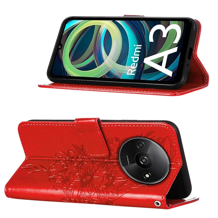 For Xiaomi Redmi A3 4G / Poco C61 4G Wallet Case with Wrist Strap Butterfly Imprint Leather Phone Cover - Red