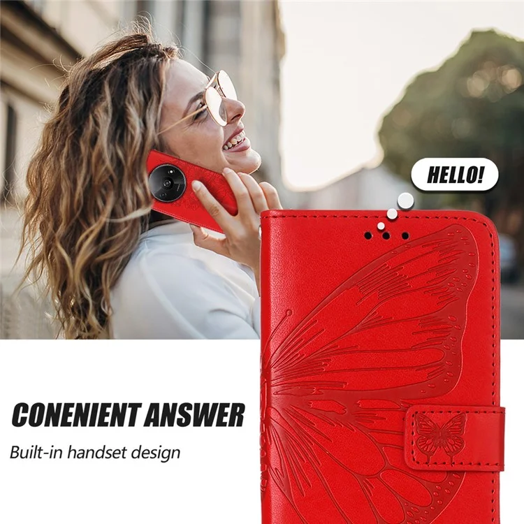 For Xiaomi Redmi A3 4G / Poco C61 4G Wallet Case with Wrist Strap Butterfly Imprint Leather Phone Cover - Red