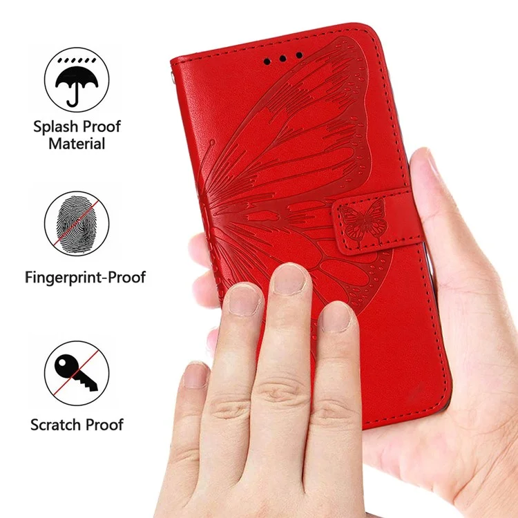 For Xiaomi Redmi A3 4G / Poco C61 4G Wallet Case with Wrist Strap Butterfly Imprint Leather Phone Cover - Red