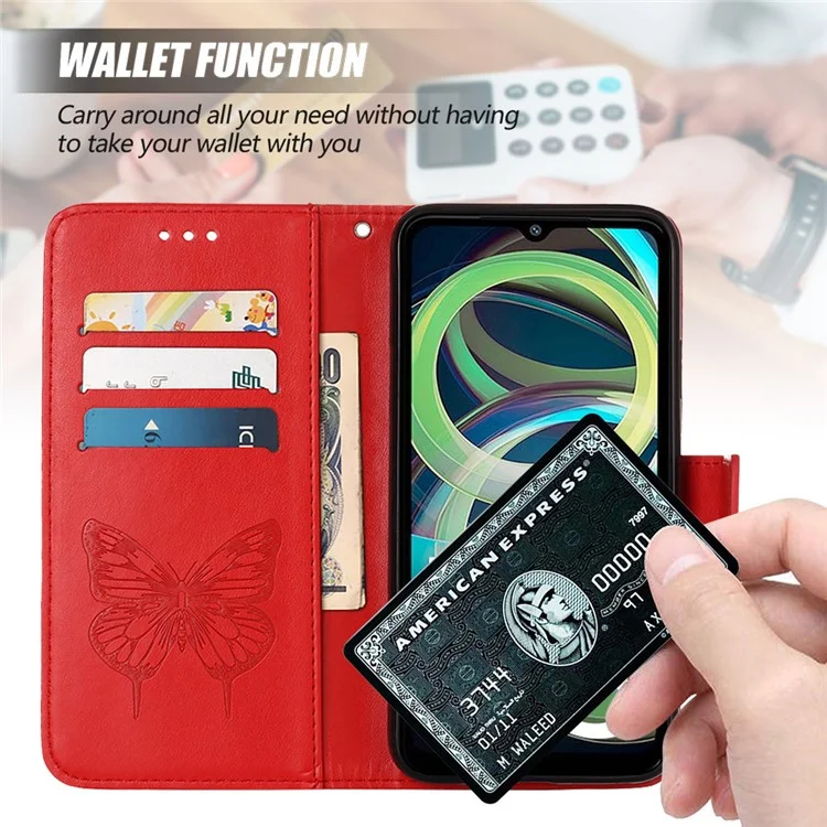 For Xiaomi Redmi A3 4G / Poco C61 4G Wallet Case with Wrist Strap Butterfly Imprint Leather Phone Cover - Red